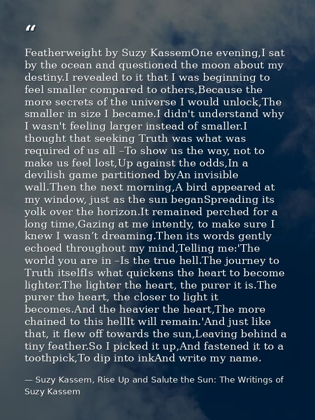 Featherweight by Suzy KassemOne evening,I sat by the ocean and questioned the moon about my destiny.I revealed to it tha — Suzy Kassem, Rise Up and Salute the Sun: The Writings of Suzy Kassem