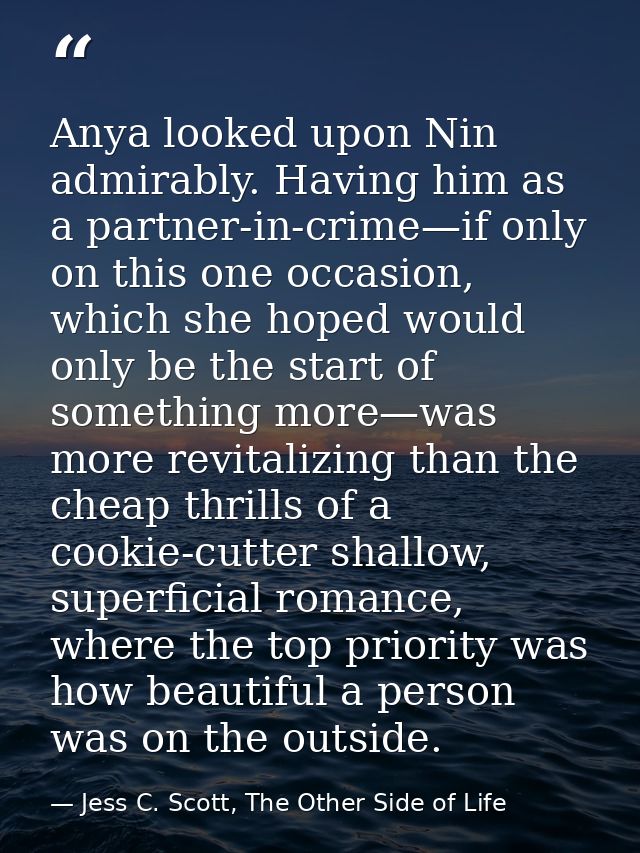 Anya looked upon Nin admirably. Having him as a partner-in-crime—if only on this one occasion, which she hoped would onl — Jess C. Scott, The Other Side of Life