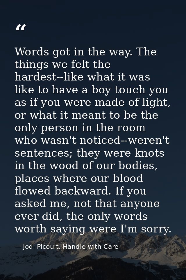 Words got in the way. The things we felt the hardest--like what it was like to have a boy touch you as if you were made  — Jodi Picoult, Handle with Care