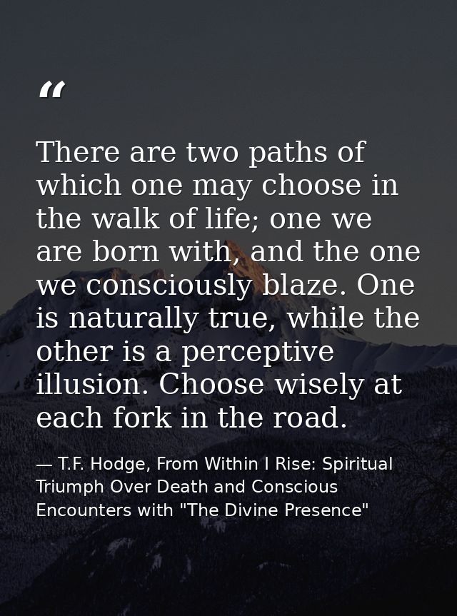 There are two paths of which one may choose in the walk of life; one we are born with, and the one we consciously blaze. — T.F. Hodge, From Within I Rise: Spiritual Triumph Over Death and Conscious Encounters with "The Divine Presence"
