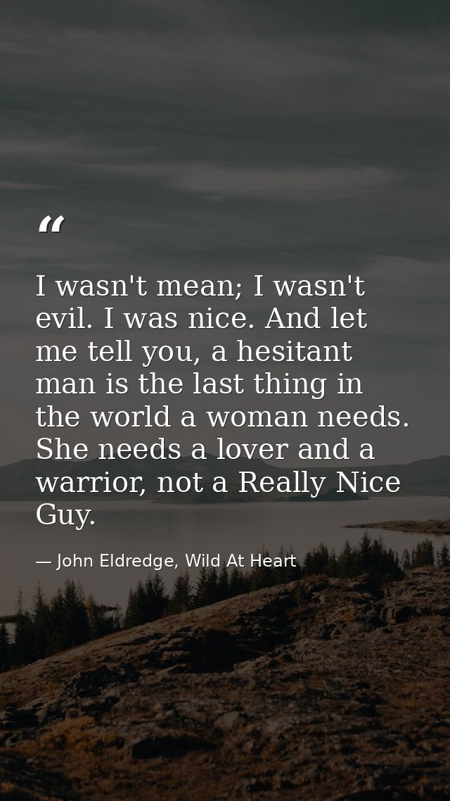I wasn't mean; I wasn't evil. I was nice. And let me tell you, a hesitant man is the last thing in the world a woman nee — John Eldredge, Wild At Heart