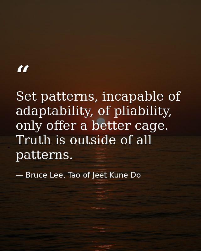 Set patterns, incapable of adaptability, of pliability, only offer a better cage. Truth is outside of all patterns. — Bruce Lee, Tao of Jeet Kune Do
