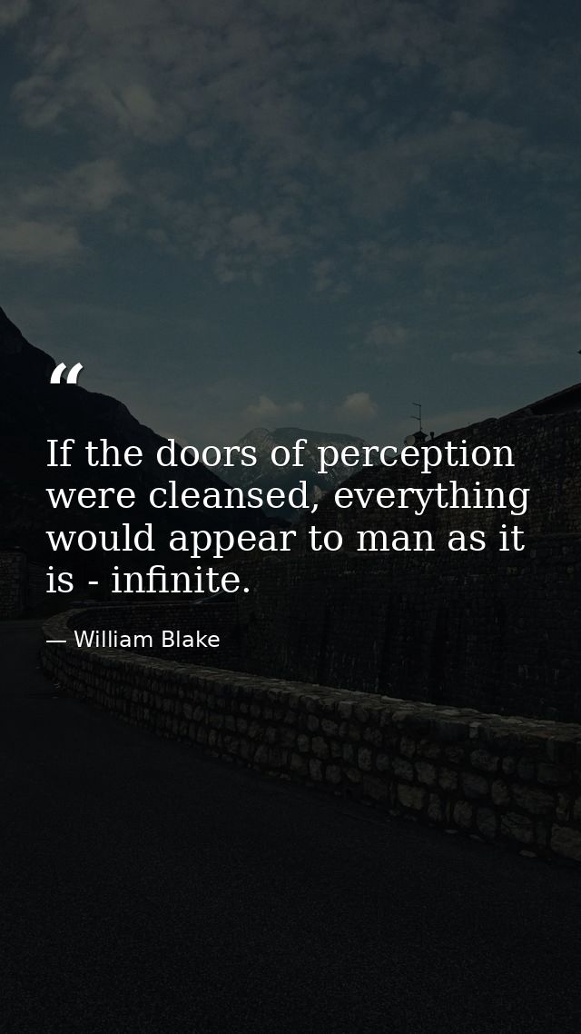 If the doors of perception were cleansed, everything would appear to man as it is - infinite. — William Blake
