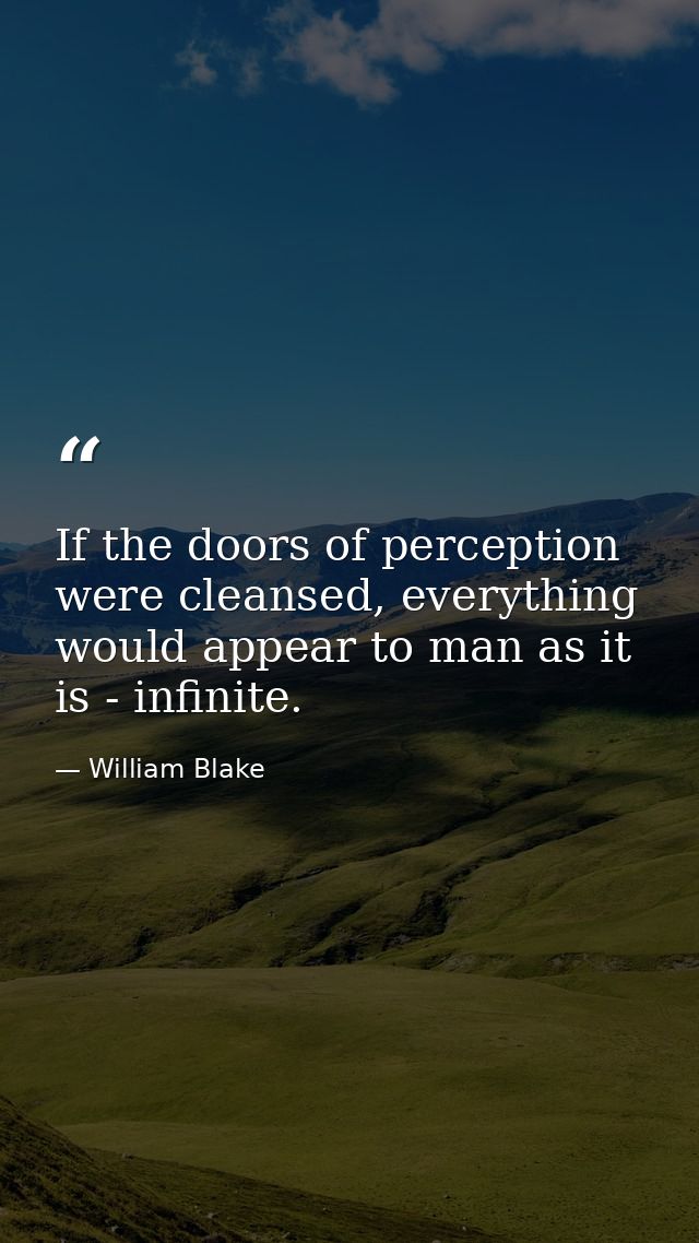 If the doors of perception were cleansed, everything would appear to man as it is - infinite. — William Blake