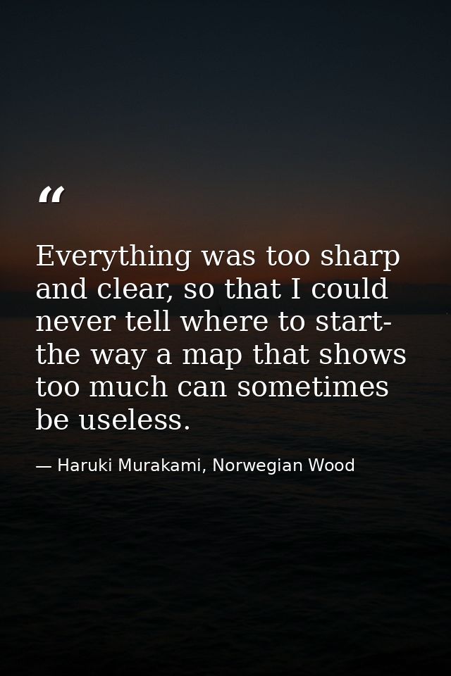 Everything was too sharp and clear, so that I could never tell where to start- the way a map that shows too much can som — Haruki Murakami, Norwegian Wood