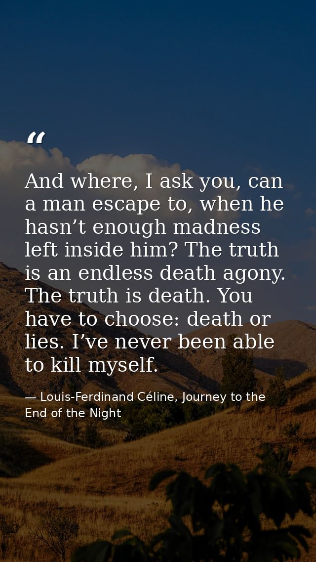 And where, I ask you, can a man escape to, when he hasn’t enough madness left inside him? The truth is an endless death  — Louis-Ferdinand Céline, Journey to the End of the Night