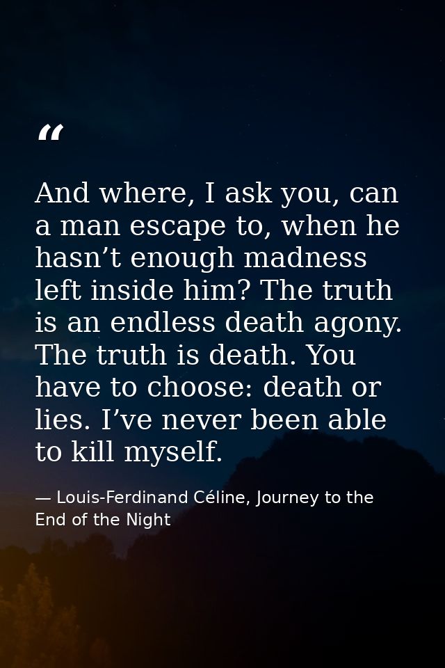 And where, I ask you, can a man escape to, when he hasn’t enough madness left inside him? The truth is an endless death  — Louis-Ferdinand Céline, Journey to the End of the Night