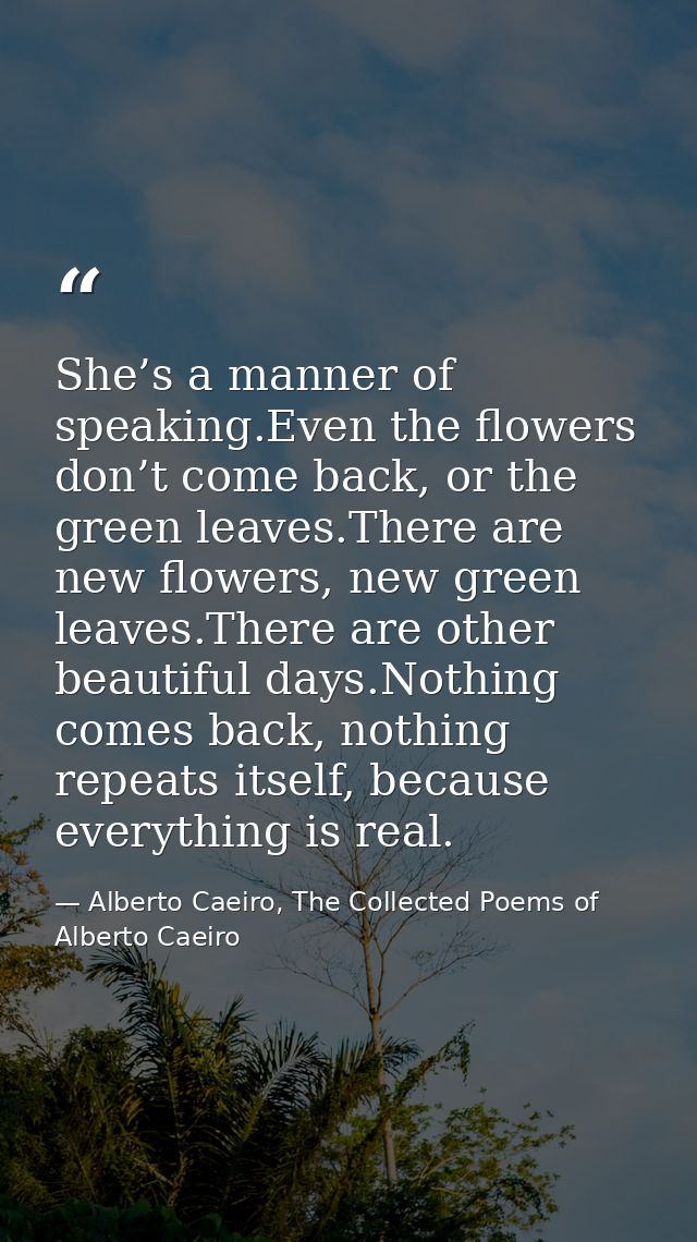 She’s a manner of speaking.Even the flowers don’t come back, or the green leaves.There are new flowers, new green leaves — Alberto Caeiro, The Collected Poems of Alberto Caeiro