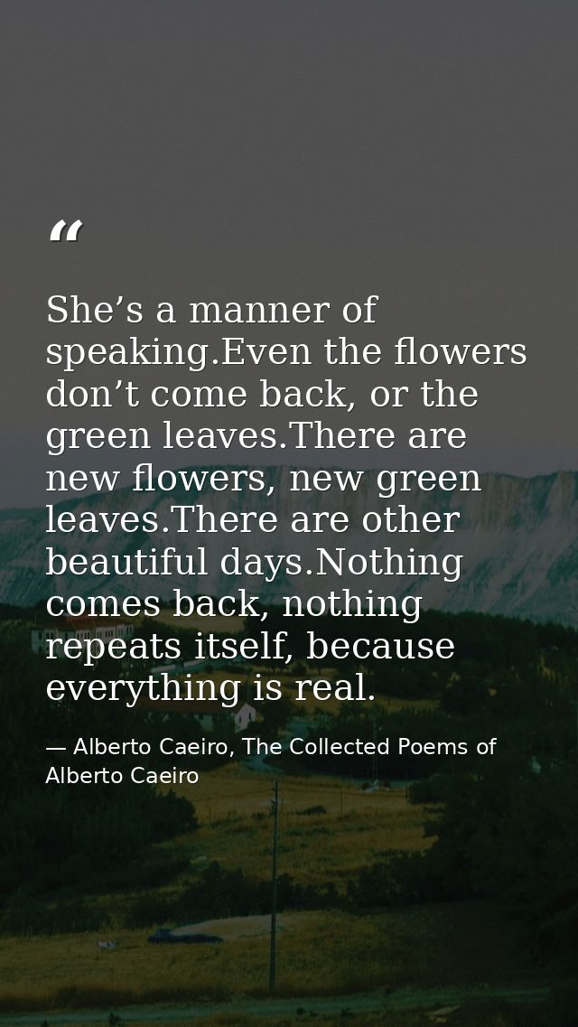 She’s a manner of speaking.Even the flowers don’t come back, or the green leaves.There are new flowers, new green leaves — Alberto Caeiro, The Collected Poems of Alberto Caeiro