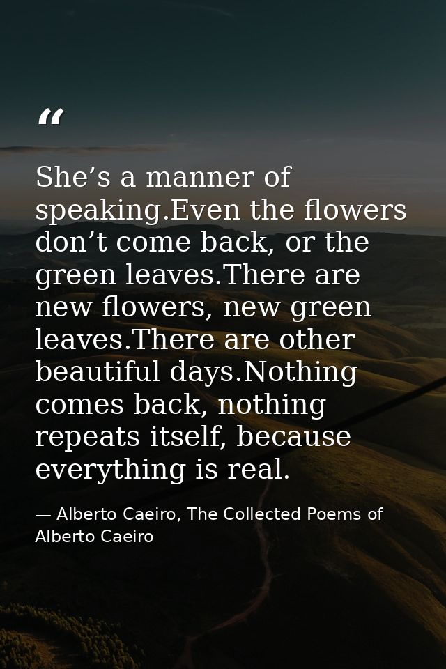 She’s a manner of speaking.Even the flowers don’t come back, or the green leaves.There are new flowers, new green leaves — Alberto Caeiro, The Collected Poems of Alberto Caeiro