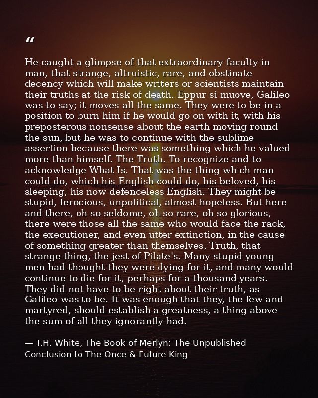 He caught a glimpse of that extraordinary faculty in man, that strange, altruistic, rare, and obstinate decency which wi — T.H. White, The Book of Merlyn: The Unpublished Conclusion to The Once & Future King