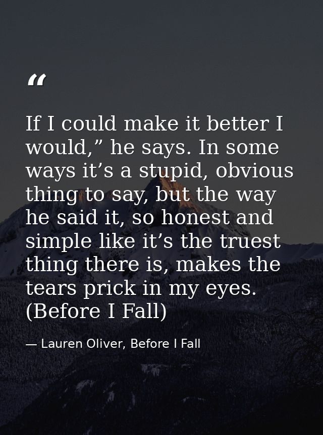 If I could make it better I would,” he says. In some ways it’s a stupid, obvious thing to say, but the way he said it, s — Lauren Oliver, Before I Fall