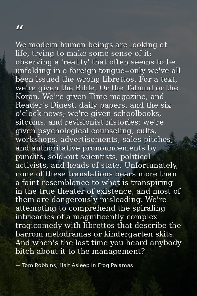 We modern human beings are looking at life, trying to make some sense of it; observing a 'reality' that often seems to b — Tom Robbins, Half Asleep in Frog Pajamas