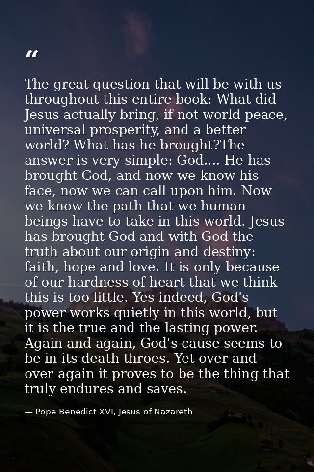 The great question that will be with us throughout this entire book: What did Jesus actually bring, if not world peace,  — Pope Benedict XVI, Jesus of Nazareth