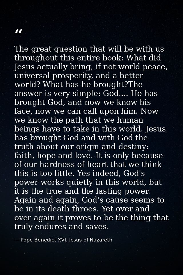 The great question that will be with us throughout this entire book: What did Jesus actually bring, if not world peace,  — Pope Benedict XVI, Jesus of Nazareth