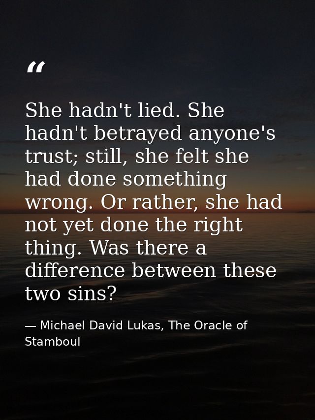 She hadn't lied. She hadn't betrayed anyone's trust; still, she felt she had done something wrong. Or rather, she had no — Michael David Lukas, The Oracle of Stamboul