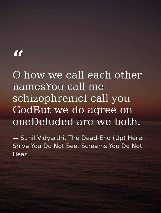 O how we call each other namesYou call me schizophrenicI call you GodBut we do agree on oneDeluded are we both. — Sunil Vidyarthi, The Dead-End (Up) Here: Shiva You Do Not See, Screams You Do Not Hear