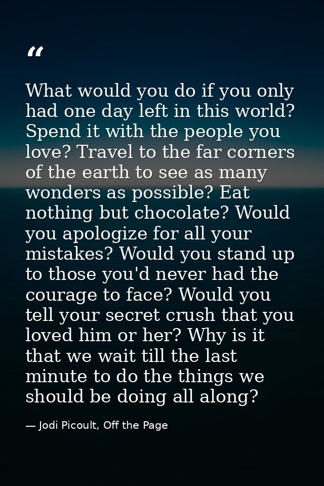 What would you do if you only had one day left in this world? Spend it with the people you love? Travel to the far corne — Jodi Picoult, Off the Page