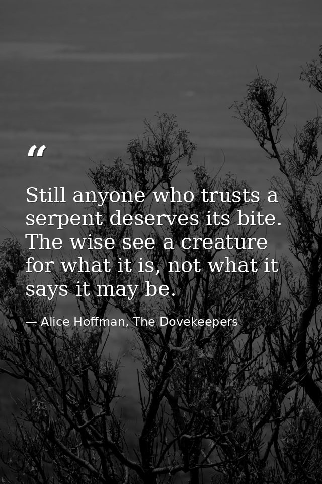 Still anyone who trusts a serpent deserves its bite. The wise see a creature for what it is, not what it says it may be. — Alice Hoffman, The Dovekeepers