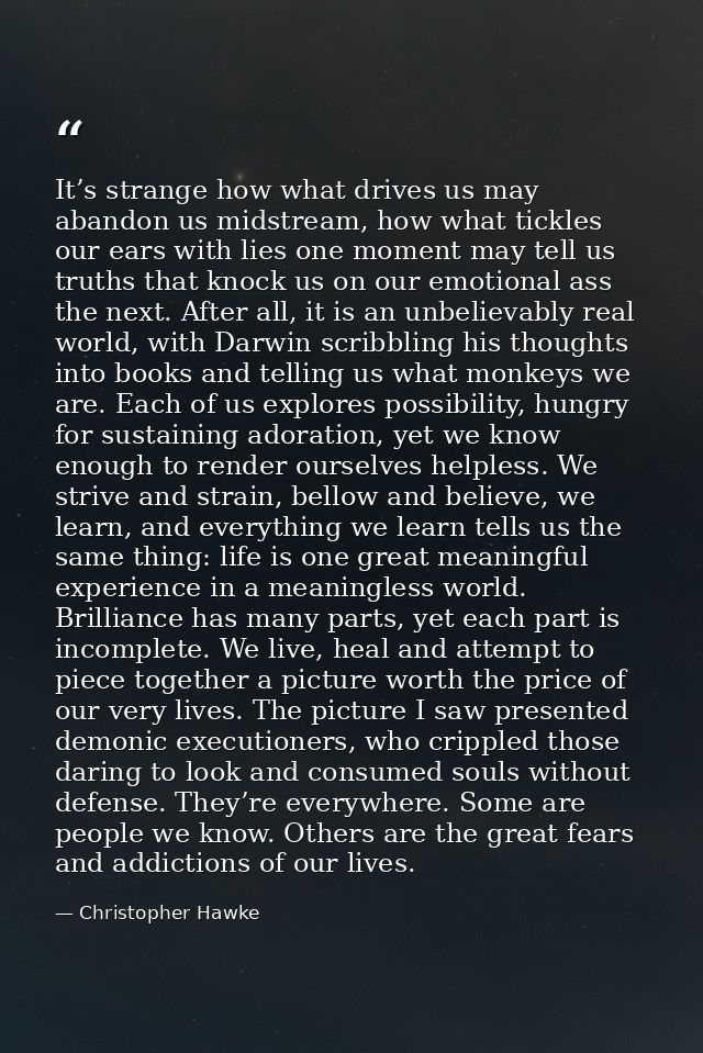 It’s strange how what drives us may abandon us midstream, how what tickles our ears with lies one moment may tell us tru — Christopher Hawke