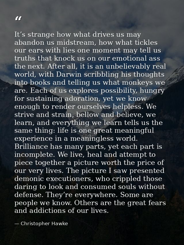 It’s strange how what drives us may abandon us midstream, how what tickles our ears with lies one moment may tell us tru — Christopher Hawke
