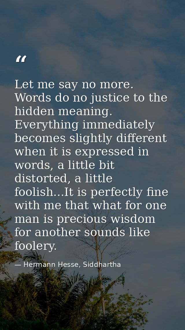 Let me say no more. Words do no justice to the hidden meaning. Everything immediately becomes slightly different when it — Hermann Hesse, Siddhartha