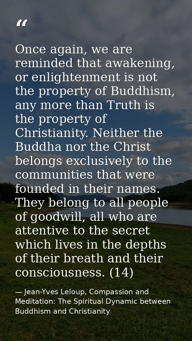 Once again, we are reminded that awakening, or enlightenment is not the property of Buddhism, any more than Truth is the — Jean-Yves Leloup, Compassion and Meditation: The Spiritual Dynamic between Buddhism and Christianity