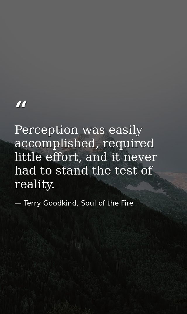 Perception was easily accomplished, required little effort, and it never had to stand the test of reality. — Terry Goodkind, Soul of the Fire