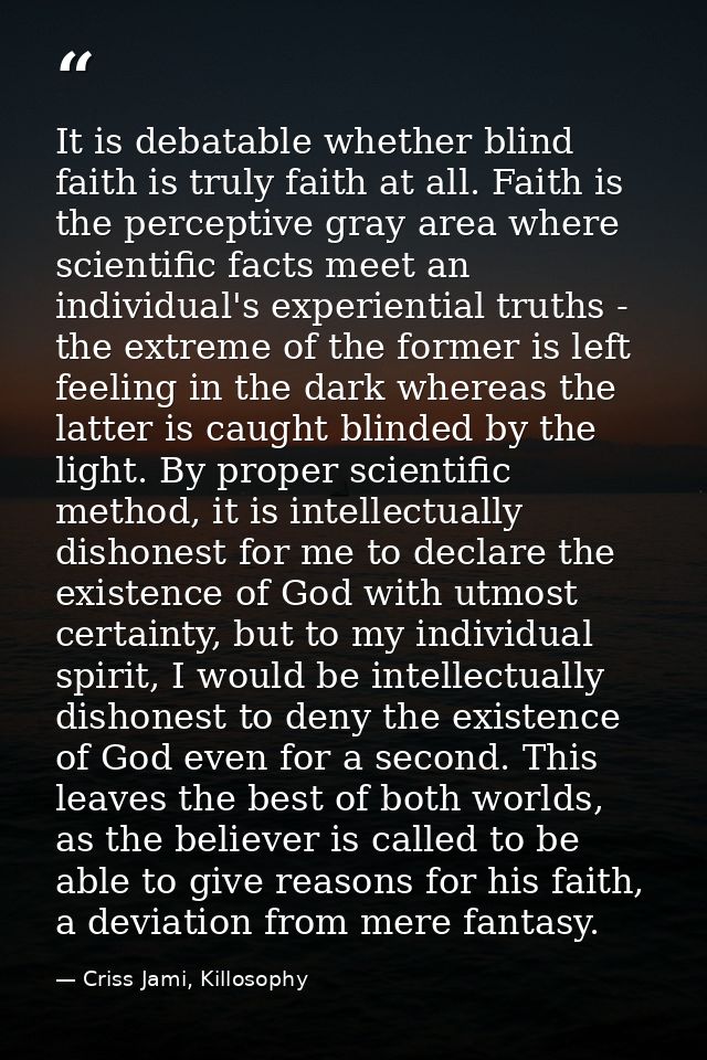 It is debatable whether blind faith is truly faith at all. Faith is the perceptive gray area where scientific facts meet — Criss Jami, Killosophy