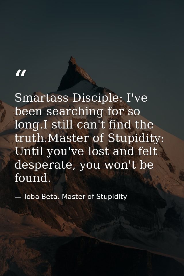 Smartass Disciple: I've been searching for so long.I still can't find the truth.Master of Stupidity: Until you've lost a — Toba Beta, Master of Stupidity