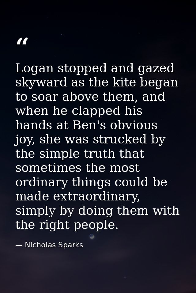 Logan stopped and gazed skyward as the kite began to soar above them, and when he clapped his hands at Ben's obvious joy — Nicholas Sparks
