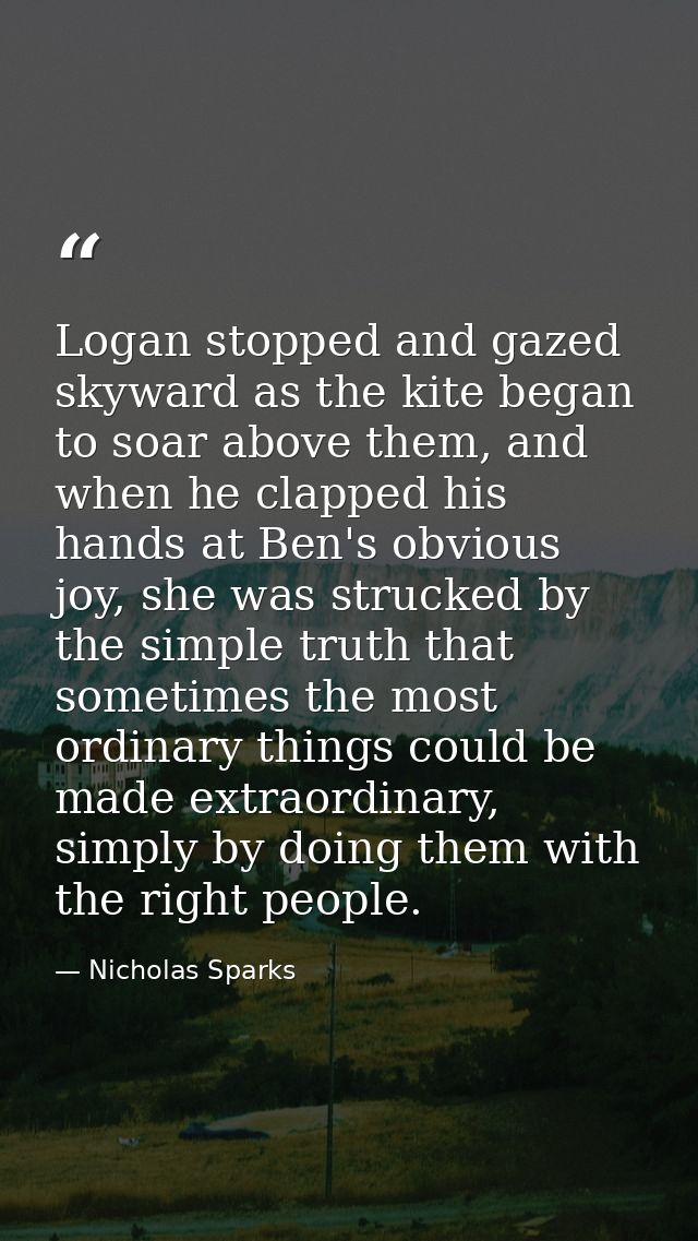 Logan stopped and gazed skyward as the kite began to soar above them, and when he clapped his hands at Ben's obvious joy — Nicholas Sparks