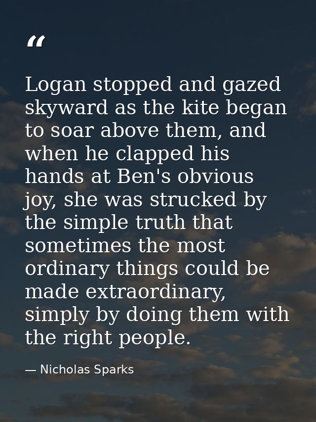 Logan stopped and gazed skyward as the kite began to soar above them, and when he clapped his hands at Ben's obvious joy — Nicholas Sparks