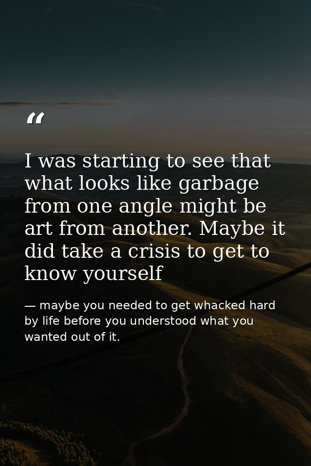 I was starting to see that what looks like garbage from one angle might be art from another. Maybe it did take a crisis  — maybe you needed to get whacked hard by life before you understood what you wanted out of it.