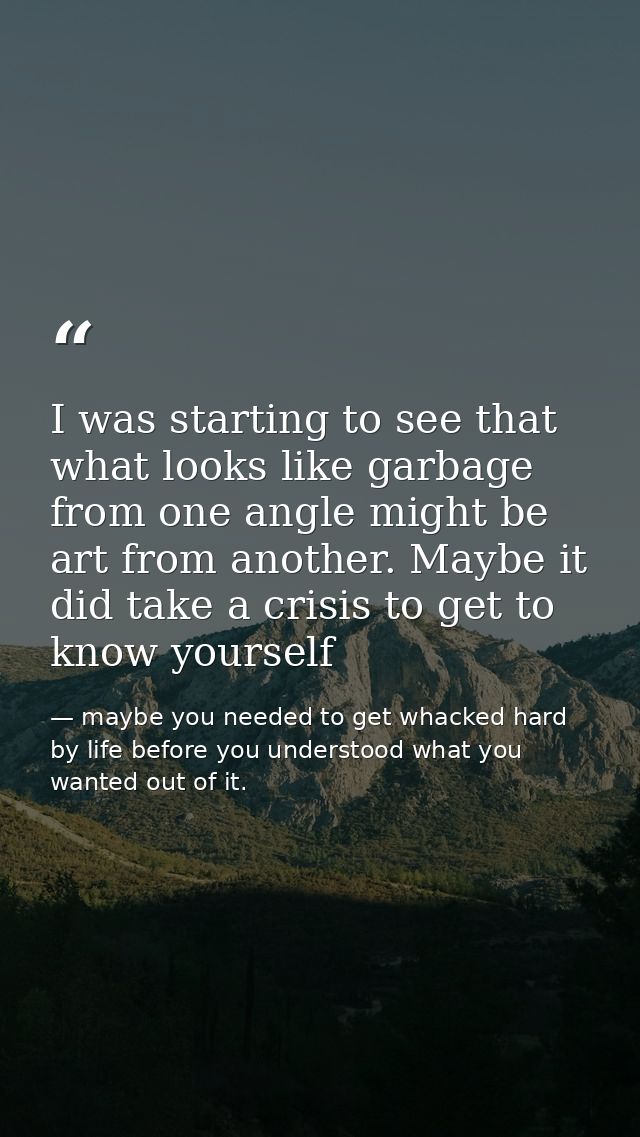 I was starting to see that what looks like garbage from one angle might be art from another. Maybe it did take a crisis  — maybe you needed to get whacked hard by life before you understood what you wanted out of it.