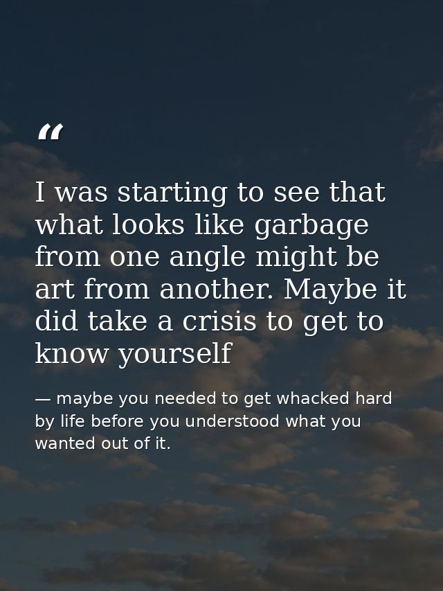 I was starting to see that what looks like garbage from one angle might be art from another. Maybe it did take a crisis  — maybe you needed to get whacked hard by life before you understood what you wanted out of it.