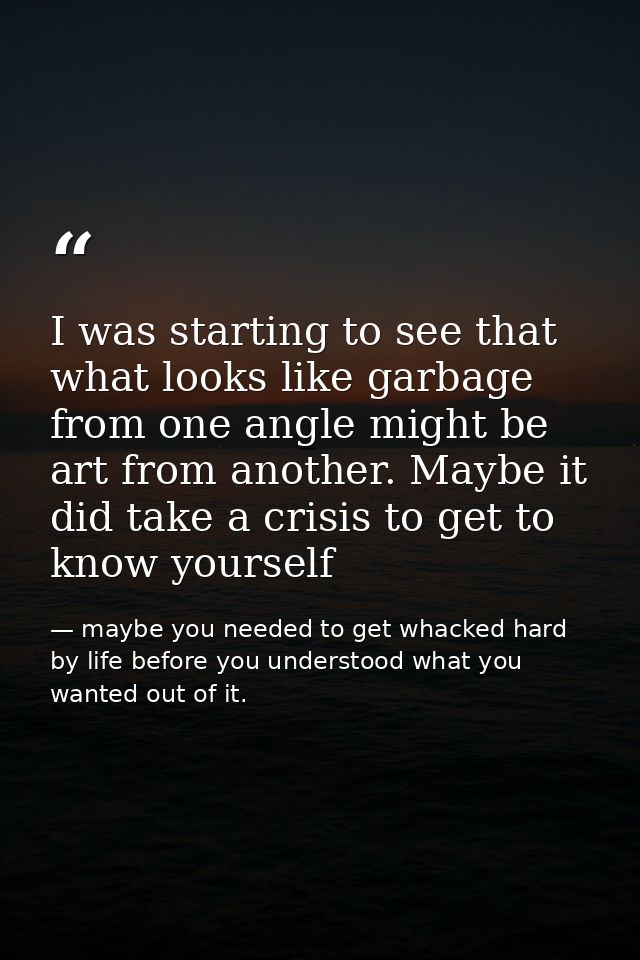 I was starting to see that what looks like garbage from one angle might be art from another. Maybe it did take a crisis  — maybe you needed to get whacked hard by life before you understood what you wanted out of it.