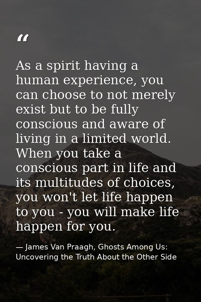 As a spirit having a human experience, you can choose to not merely exist but to be fully conscious and aware of living  — James Van Praagh, Ghosts Among Us: Uncovering the Truth About the Other Side