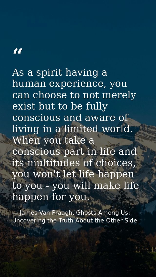 As a spirit having a human experience, you can choose to not merely exist but to be fully conscious and aware of living  — James Van Praagh, Ghosts Among Us: Uncovering the Truth About the Other Side