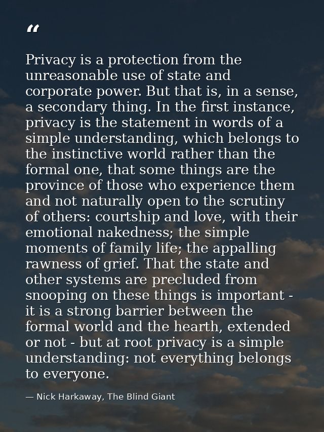 Privacy is a protection from the unreasonable use of state and corporate power. But that is, in a sense, a secondary thi — Nick Harkaway, The Blind Giant