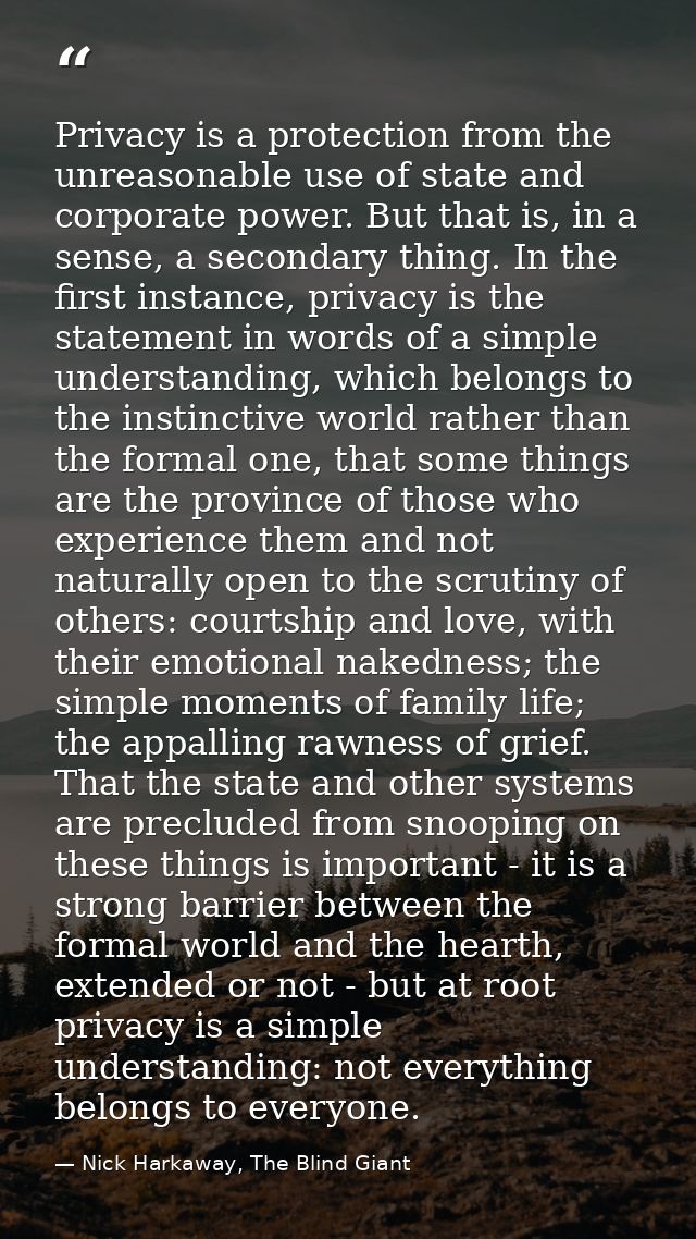 Privacy is a protection from the unreasonable use of state and corporate power. But that is, in a sense, a secondary thi — Nick Harkaway, The Blind Giant