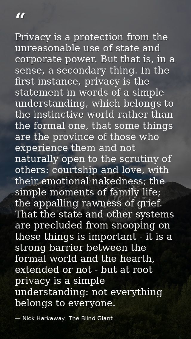 Privacy is a protection from the unreasonable use of state and corporate power. But that is, in a sense, a secondary thi — Nick Harkaway, The Blind Giant