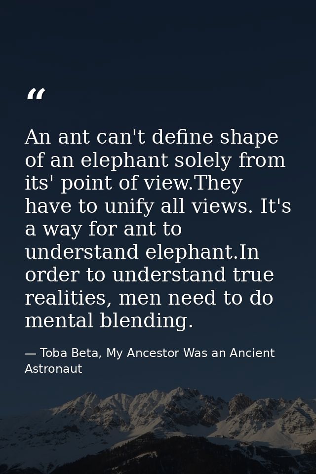 An ant can't define shape of an elephant solely from its' point of view.They have to unify all views. It's a way for ant — Toba Beta, My Ancestor Was an Ancient Astronaut