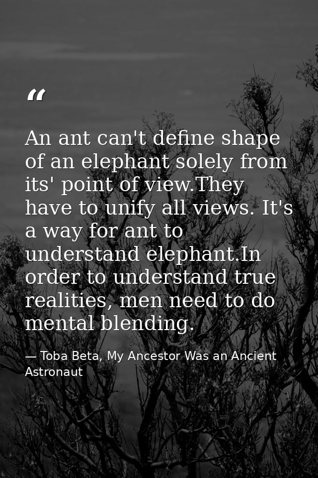 An ant can't define shape of an elephant solely from its' point of view.They have to unify all views. It's a way for ant — Toba Beta, My Ancestor Was an Ancient Astronaut