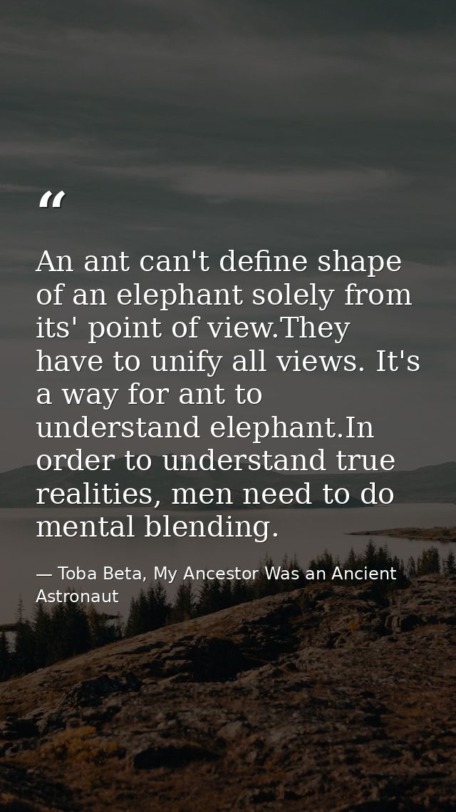 An ant can't define shape of an elephant solely from its' point of view.They have to unify all views. It's a way for ant — Toba Beta, My Ancestor Was an Ancient Astronaut