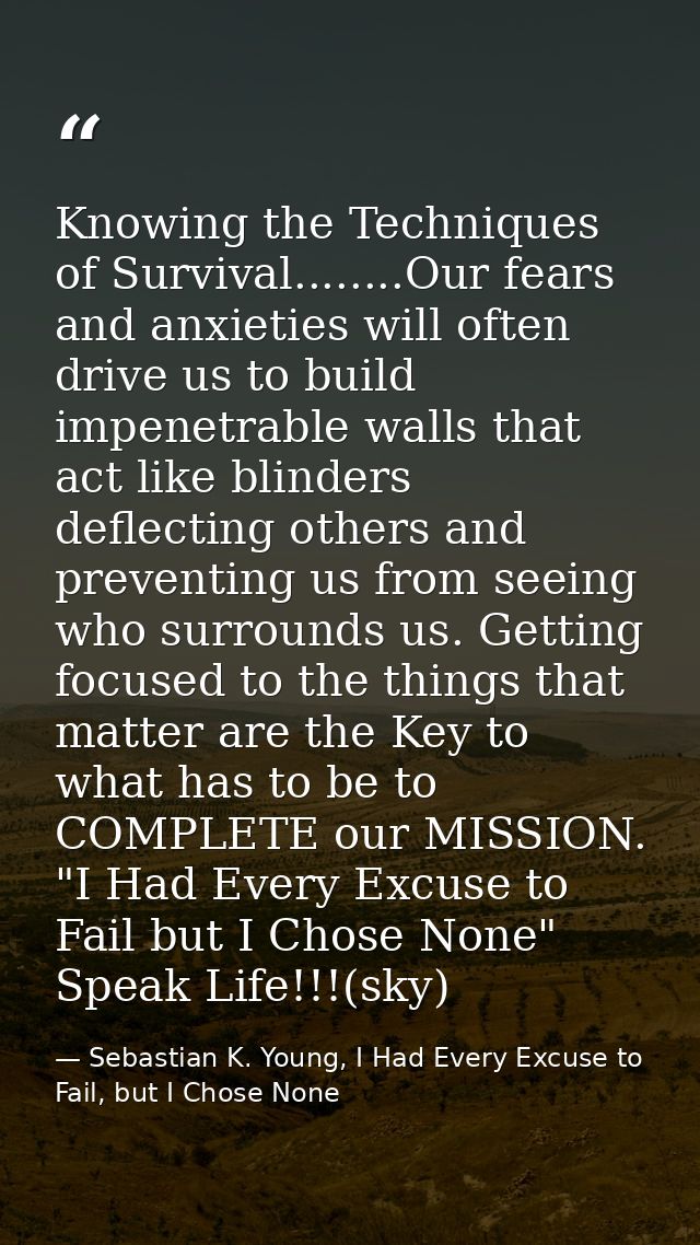 Knowing the Techniques of Survival........Our fears and anxieties will often drive us to build impenetrable walls that a — Sebastian K. Young, I Had Every Excuse to Fail, but I Chose None