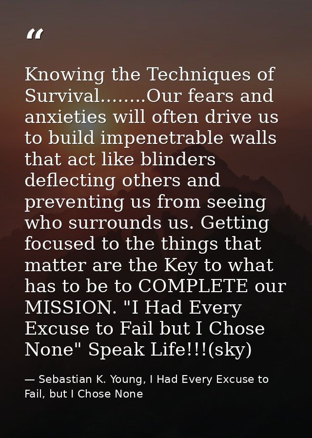 Knowing the Techniques of Survival........Our fears and anxieties will often drive us to build impenetrable walls that a — Sebastian K. Young, I Had Every Excuse to Fail, but I Chose None