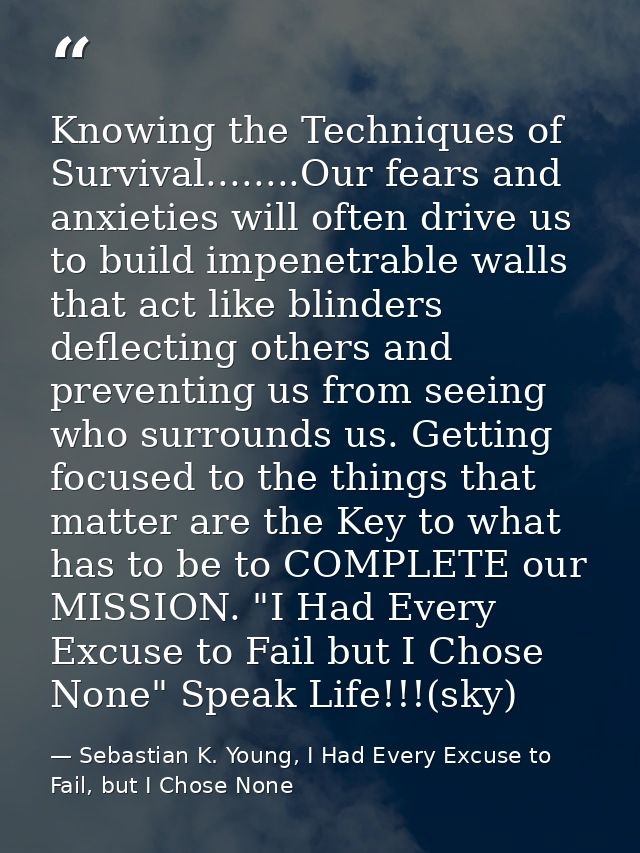 Knowing the Techniques of Survival........Our fears and anxieties will often drive us to build impenetrable walls that a — Sebastian K. Young, I Had Every Excuse to Fail, but I Chose None