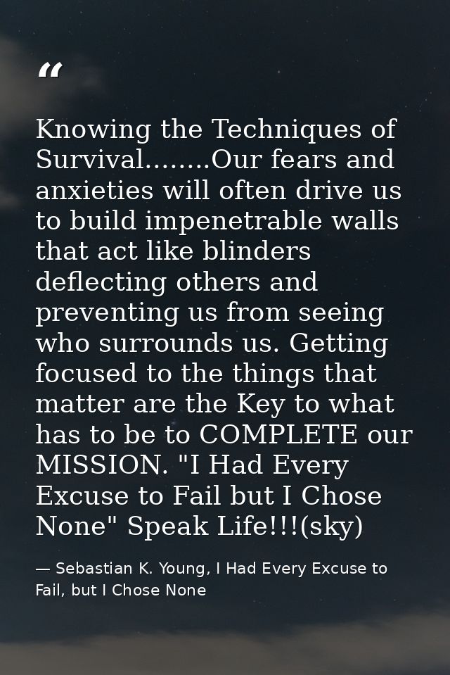 Knowing the Techniques of Survival........Our fears and anxieties will often drive us to build impenetrable walls that a — Sebastian K. Young, I Had Every Excuse to Fail, but I Chose None