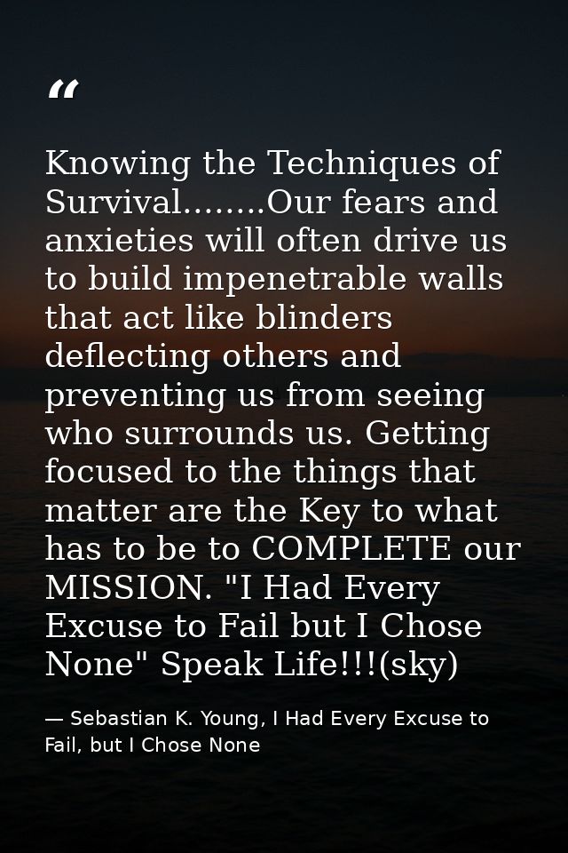 Knowing the Techniques of Survival........Our fears and anxieties will often drive us to build impenetrable walls that a — Sebastian K. Young, I Had Every Excuse to Fail, but I Chose None